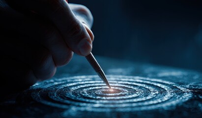 Hand drawing concentric circles on a dark surface