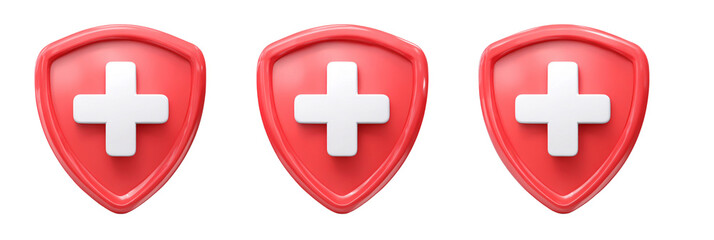 Obraz premium Three red shields with white crosses isolated on transparent background