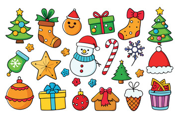 Fototapeta premium Vector art of an assortment of delightful christmas doodles featuring trees, snowmen, gifts, and festive symbols, presented isolated on a