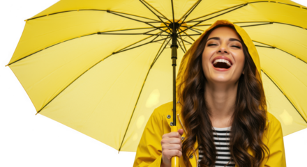 Happy woman in yellow raincoat holding umbrella isolated on transparent background