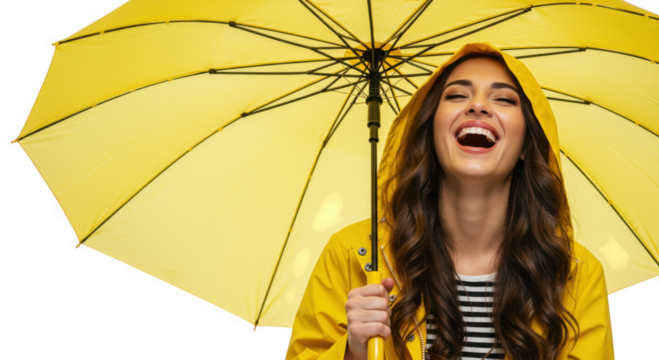 Happy woman in yellow raincoat holding umbrella isolated on transparent background