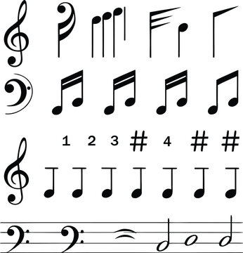 Black Vector Music Symbols Set &ndash; Includes Clefs, Notes, Rests, Sharps, and Beats for Educational and Design Use. Perfect for Sheet Music, Teaching, and Creative Projects. Fully Editable and Clean.