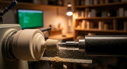 Woodworking lathe in action, shaping a wooden piece