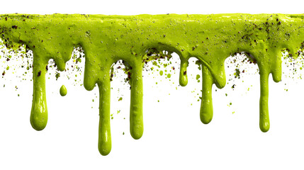 Green slime splat dripping goo texture for Halloween theme, isolated on white background