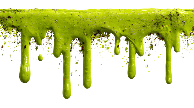 Green slime splat dripping goo texture for Halloween theme, isolated on white background