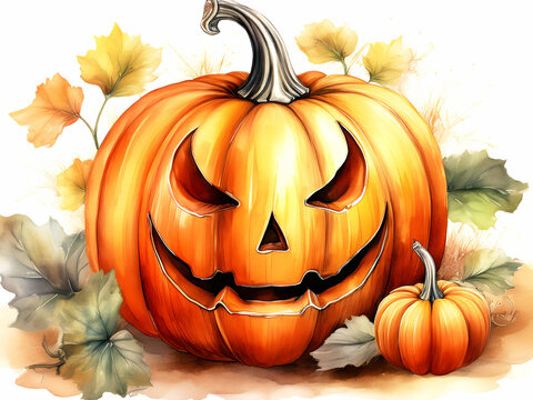 A watercolor collage of different Halloween pumpkin scenes, featuring various spooky and friendly Jack-o'-lanterns.