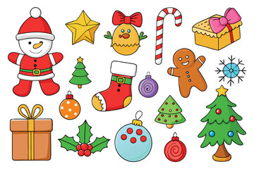 Vector art of collection of cute christmas icons including a snowman, gingerbread man, christmas trees, gifts, ornaments, and candy canes