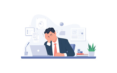 Overwhelmed Businessman: Depressed and Exhausted Professional Cartoon Illustration, Suffering From Burnout, Stress, and Mental Health Issues While Working With a Laptop At the Workplace