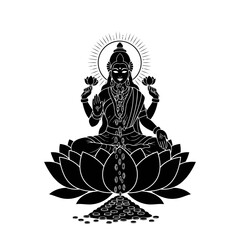 Illustration of goddess lakshmi sitting on a lotus flower with coins falling from her hands