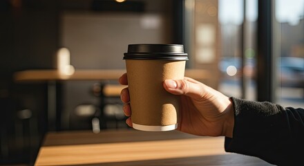 Hand Holding Cardboard Coffee Cup with Black Lid in Cafe Sunlight