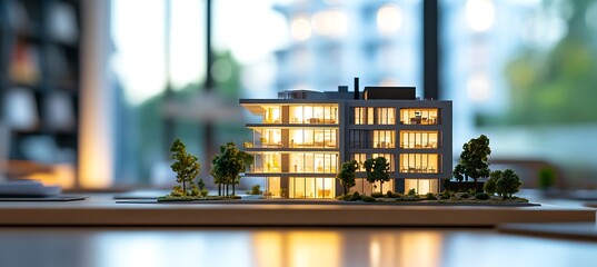 Architectural model of a modern apartment building with illuminated windows, showcasing contemporary design and urban living in a city setting