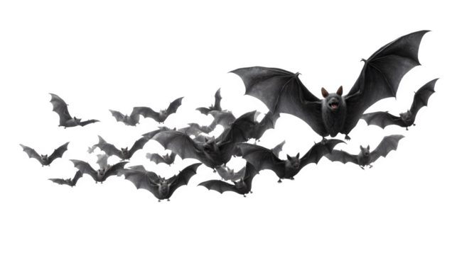 Group of eerie flying black bats in dynamic wing poses, isolated on white background