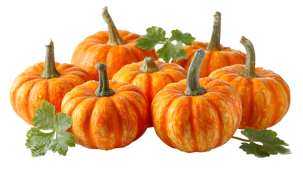 Group of fresh orange pumpkins in autumn harvest style, isolated on white background