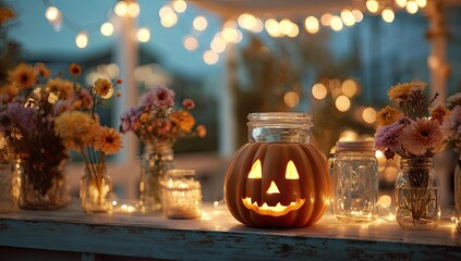 Halloween decorations on a patio at dusk