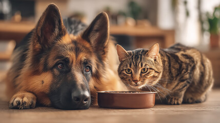 Naklejka na ściany i meble Friendly German Shepherd dog and American Shorthair cat sharing food together indoors, playful pets interacting in a cozy modern home, warm natural lighting