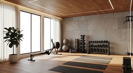 Modern Home Gym Interior with Exercise Equipment, Rowing Machine, Dumbbells, Yoga Mats, and Large Windows