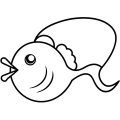 Cute cartoon fish with a big tail and open mouth in a simple outline silhouette style