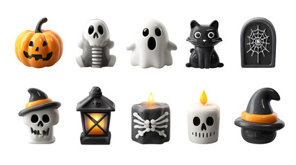 Halloween 3D icon set of pumpkin, spider web, ghost, black cat, skeleton, witch hat, tombstone, and candle, isolated on white background