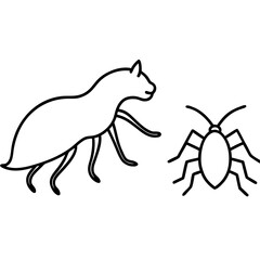 Fototapeta premium A playful cat silhouette curiously approaches a cockroach silhouette on a white background