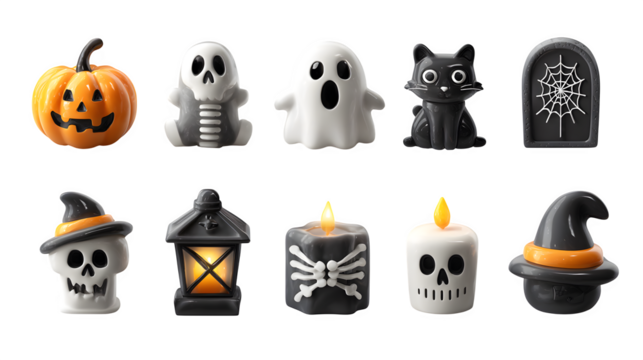 Halloween 3D icon set of pumpkin, spider web, ghost, black cat, skeleton, witch hat, tombstone, and candle, isolated on white background