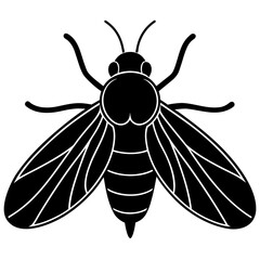 Stylized black silhouette of a bee with detailed wings and segmented body on a white background