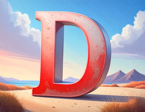 Red 3D letter "D" on a sandy beach landscape