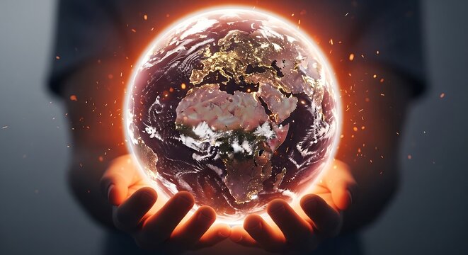 A person holds a glowing, distressed Earth, symbolizing global warming and environmental concern.