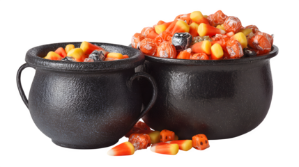 Halloween bucket and cauldron filled with candy, isolated on white background