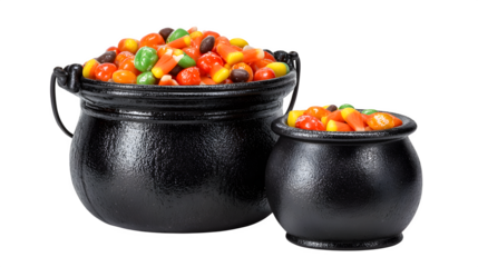 Halloween bucket and cauldron filled with candy, isolated on white background