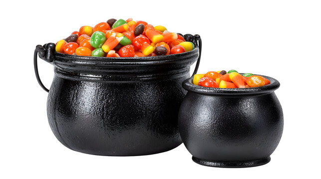 Halloween bucket and cauldron filled with candy, isolated on white background