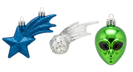 Blue and silver shooting star Christmas ornaments with green alien head ornament, unique holiday decorations perfect for sci-fi fans