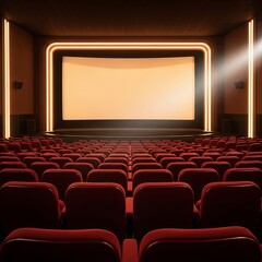Empty Movie Theater with Red Seats and Blank Screen: Cinema, Entertainment, and Film Industry Concept