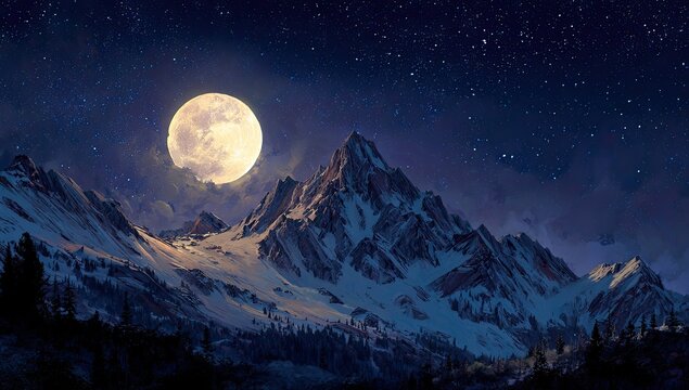 Majestic mountain range under a full moon at night