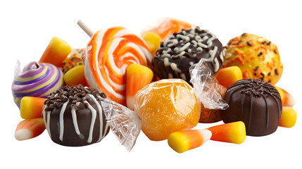 Halloween candy assortment of wrapped chocolates and lollipops, isolated on white background