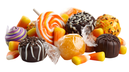 Halloween candy assortment of wrapped chocolates and lollipops, isolated on white background