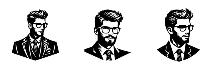 Fototapeta premium Modern Minimalist Man Wearing Glasses Half-Body Icon, Flat Silhouette of a Trendy Figure Vector for Fashion Illustration Design