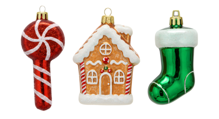 Christmas ornaments shaped like a candy cane, gingerbread house, and green stocking, perfect for holiday decorating and festive celebrations