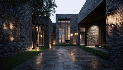 Fototapeta premium Modern courtyard home at twilight