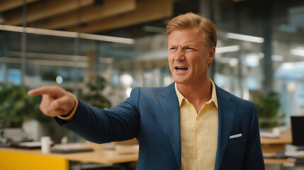 Workplace Bullying Scene: A manager in a blazer yelling at an employee with a desk a coffee cup and a modern office with glass walls. high quality photo ultra high detail 8K