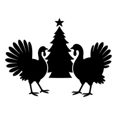 Vector art of two turkeys flanking a christmas tree with a star, a unique blend of thanksgiving and christmas themes
