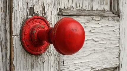 Worn wooden door with peeling white paint and a bright red doorknob, close-up, revealing textures and age