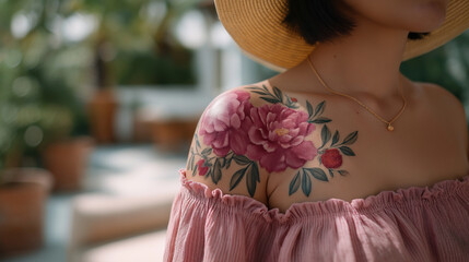 Floral Tattoo on Shoulder: A person in a sundress showing a floral shoulder tattoo with a bouquet a straw hat and a garden setting. high quality photo ultra high detail 8K res