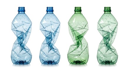Four crumpled plastic bottles, different colors, isolated on white background, illustrating recycling or waste.