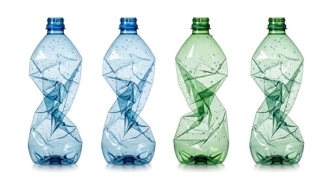 Four crumpled plastic bottles, different colors, isolated on white background, illustrating recycling or waste.