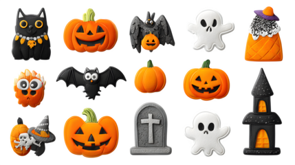 Halloween cutout theme icons arranged with festive detail, isolated on white background