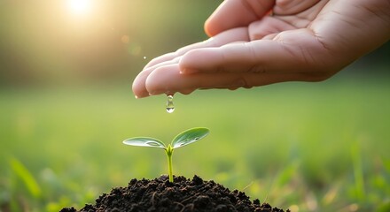 A hand gently waters a young seedling sprouting from rich soil, bathed in warm sunlight.