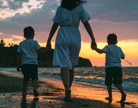 Mother and two sons walking on a beach at sunset