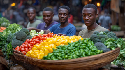 Street Market Quarrel: Shoppers in a market arguing over prices with a vegetable basket a wallet and a bustling market square. high quality photo ultra high detail 8K