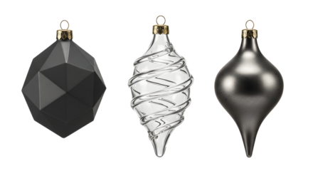 Modern black and silver Christmas tree ornaments with geometric and elegant shapes, perfect for contemporary holiday decor