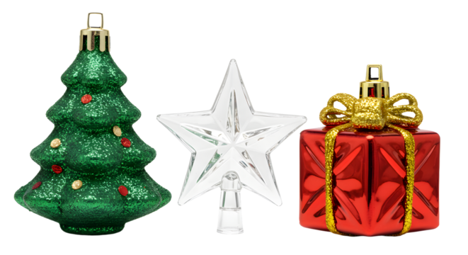 Green Christmas tree ornament, clear star topper, and red gift box decoration against white background, perfect for holiday decor and festive celebrations